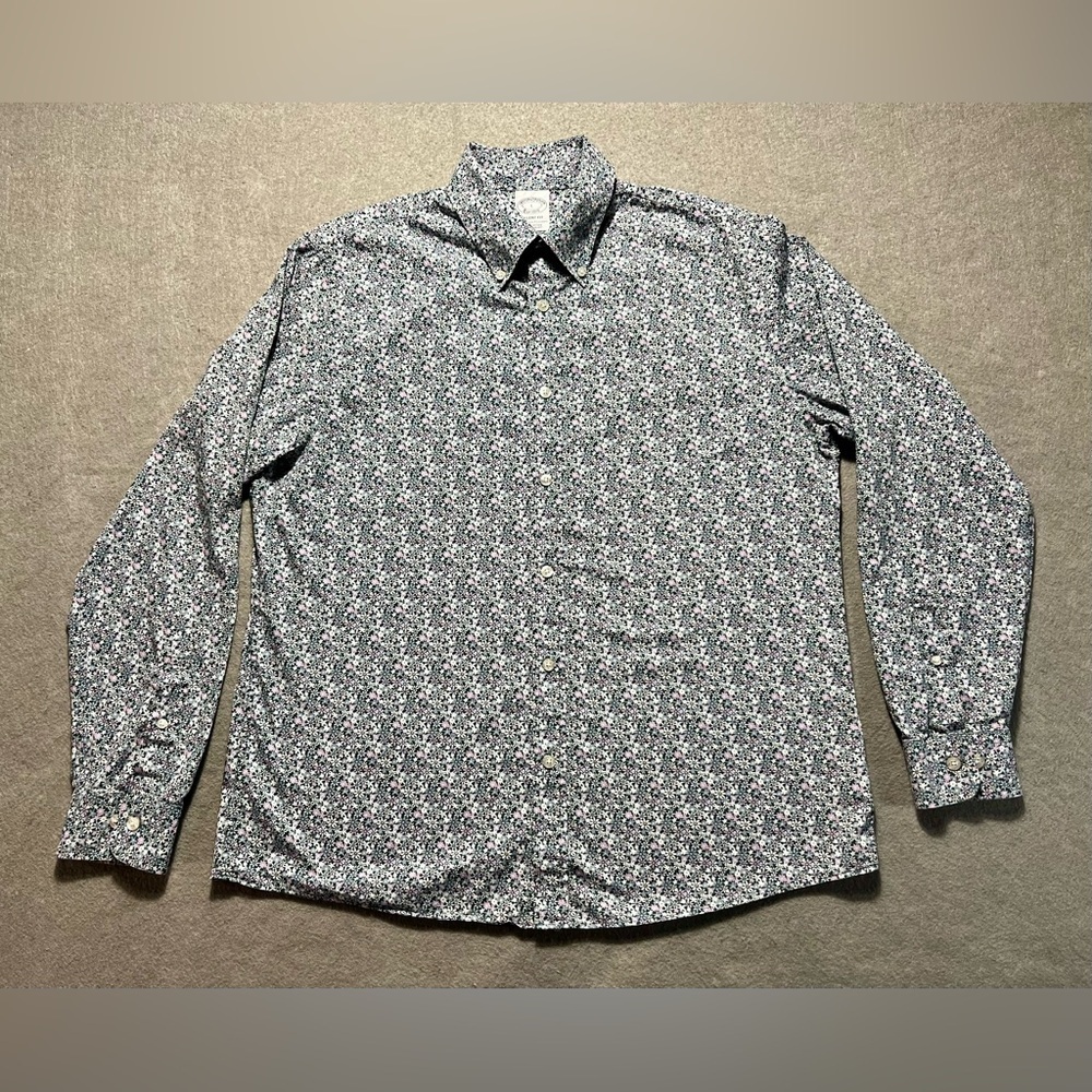 Brooks Brothers Shirt Men’s Large Regency Fit Blue Floral Cotton Long Sleeve